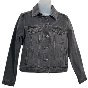 NEW EXPRESS Washed Black Denim Trucker Jacket Women Small Button Front Collared